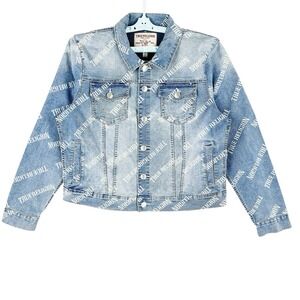 NWT True Religion Women Light Wash Blue Allover Logo Relaxed Trucker Jacket Sz L